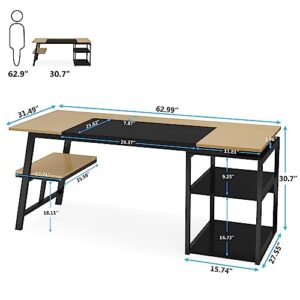 Tribesigns 63” Executive Desk with Storage Shelves, Large Office Computer Desk with Sturdy Metal Frame, Modern Study Writing Desk Workstation for Home Office, Natural/Black