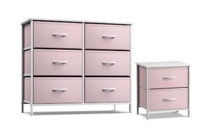 sorbus kids dresser with 6 drawers and 2 drawer nightstand bundle - matching furniture set - storage unit organizer chests for clothing - bedroom, kids rooms, nursery, & closet (pink)
