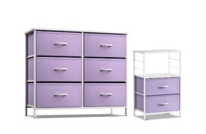 sorbus kids dresser with 6 drawers and 2 drawer nightstand bundle - matching furniture set - storage unit organizer chests for clothing - bedroom, kids rooms, nursery, & closet (purple)
