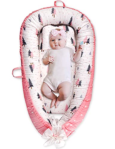 GIEFRNE Baby Lounger Baby Nest Co-Sleeping for Baby 0-12M, Soft Breathable Cotton Adjustable Newborn Bassinet Mattress Portable Infant Floor Seat Baby Registry Search (Pink)