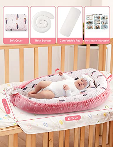 GIEFRNE Baby Lounger Baby Nest Co-Sleeping for Baby 0-12M, Soft Breathable Cotton Adjustable Newborn Bassinet Mattress Portable Infant Floor Seat Baby Registry Search (Pink)