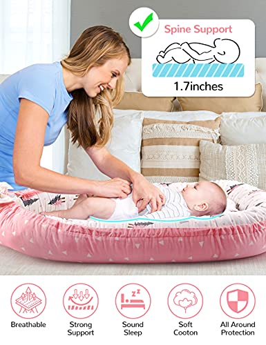 GIEFRNE Baby Lounger Baby Nest Co-Sleeping for Baby 0-12M, Soft Breathable Cotton Adjustable Newborn Bassinet Mattress Portable Infant Floor Seat Baby Registry Search (Pink)