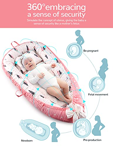 GIEFRNE Baby Lounger Baby Nest Co-Sleeping for Baby 0-12M, Soft Breathable Cotton Adjustable Newborn Bassinet Mattress Portable Infant Floor Seat Baby Registry Search (Pink)