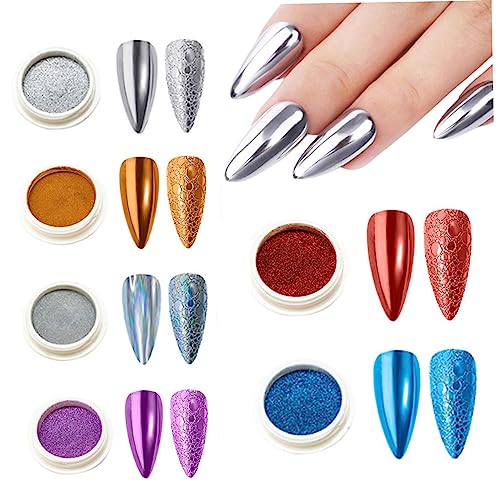 Ckuakiwu 6Pcs Chrome Nail Powder Metallic Mirror Effect Pigment Chrome Iridescent Aurora Nail Glitter,Nail Art Powder with Mirror Effect Different Color Metallic Nail Art Pigment Powder Set