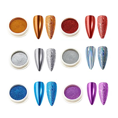 Ckuakiwu 6Pcs Chrome Nail Powder Metallic Mirror Effect Pigment Chrome Iridescent Aurora Nail Glitter,Nail Art Powder with Mirror Effect Different Color Metallic Nail Art Pigment Powder Set