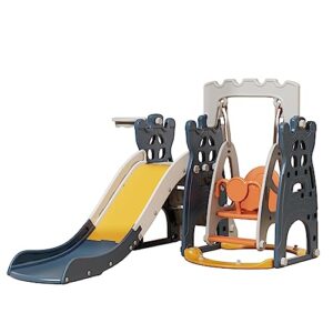 unicoo - toddler slide and swing set, 4 in 1 kids indoor and outdoor playground combination climber/slide/swing/basketball hoop for boys & girls (dark blue)