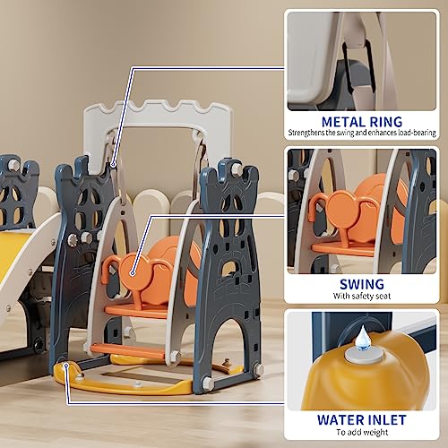 UNICOO - Toddler Slide and Swing Set, 4 in 1 Kids Indoor and Outdoor Playground Combination Climber/Slide/Swing/Basketball Hoop for Boys & Girls (Dark Blue)