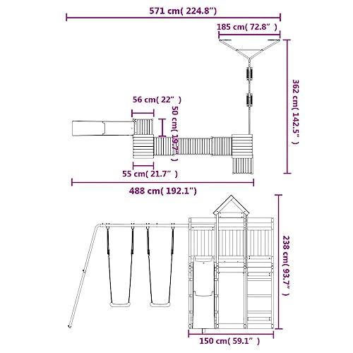 GOLINPEILO Outdoor Playset Solid Wood Pine,Garden Play Set with 1 Play Towers with Bridge,1 Wave Slide,1 Double Swing Set,Modern Outdoor Backyard Children's Climbing Wood Playground Playset,-4555