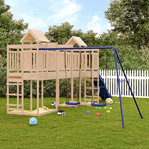 GOLINPEILO Outdoor Playset Solid Wood Pine,Garden Play Set with 1 Play Towers with Bridge,1 Wave Slide,1 Double Swing Set,Modern Outdoor Backyard Children's Climbing Wood Playground Playset,-4555