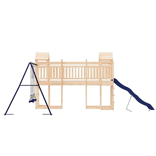 GOLINPEILO Outdoor Playset Solid Wood Pine,Garden Play Set with 1 Play Towers with Bridge,1 Wave Slide,1 Double Swing Set,Modern Outdoor Backyard Children's Climbing Wood Playground Playset,-4555