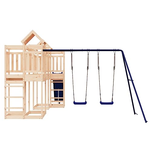 GOLINPEILO Outdoor Playset Solid Wood Pine,Garden Play Set with 1 Play Towers with Bridge,1 Wave Slide,1 Double Swing Set,Modern Outdoor Backyard Children's Climbing Wood Playground Playset,-4555