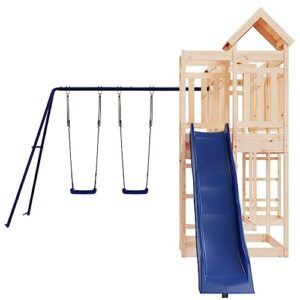 GOLINPEILO Outdoor Playset Solid Wood Pine,Garden Play Set with 1 Play Towers with Bridge,1 Wave Slide,1 Double Swing Set,Modern Outdoor Backyard Children's Climbing Wood Playground Playset,-4555