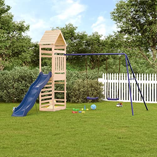 GOLINPEILO Outdoor Playset Solid Wood Pine, Garden Play Set with 1 Play Tower,1 Wave Slide,1 Double Swing Set, Modern Outdoor Backyard Children's Climbing Wood Playground Playset,-4591