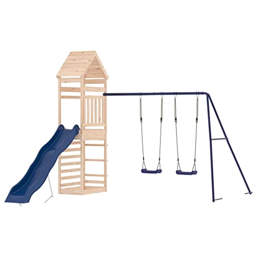 GOLINPEILO Outdoor Playset Solid Wood Pine, Garden Play Set with 1 Play Tower,1 Wave Slide,1 Double Swing Set, Modern Outdoor Backyard Children's Climbing Wood Playground Playset,-4591