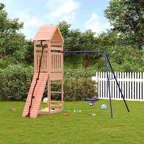 GOLINPEILO Outdoor Playset Solid Wood Douglas, Garden Play Set 1 Play Tower,1 Climbing Wall,1 Single Swing Set, Modern Outdoor Backyard Children's Climbing Wood Playground Playset,-4565