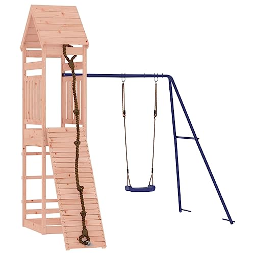 GOLINPEILO Outdoor Playset Solid Wood Douglas, Garden Play Set 1 Play Tower,1 Climbing Wall,1 Single Swing Set, Modern Outdoor Backyard Children's Climbing Wood Playground Playset,-4565