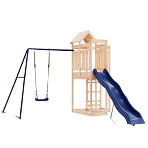GOLINPEILO Outdoor Playset Solid Wood Pine, Garden Play Set with 1 Play Tower, 1 Wave Slide, 1 Single Swing Set, Modern Outdoor Backyard Children's Climbing Wood Playground Playset,-4549
