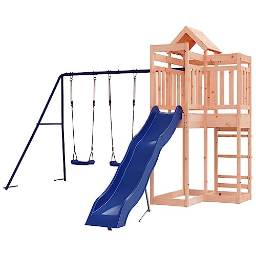 Loibinfen Outdoor Playset Solid Wood Douglas, Garden Play Set with 1 Play Tower, 1 Wave Slide, 1 Double Swing Set, Modern Outdoor Backyard Children's Climbing Wood Playground Playset,-4553