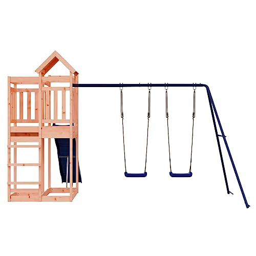 Loibinfen Outdoor Playset Solid Wood Douglas, Garden Play Set with 1 Play Tower, 1 Wave Slide, 1 Double Swing Set, Modern Outdoor Backyard Children's Climbing Wood Playground Playset,-4553