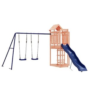 Loibinfen Outdoor Playset Solid Wood Douglas, Garden Play Set with 1 Play Tower, 1 Wave Slide, 1 Double Swing Set, Modern Outdoor Backyard Children's Climbing Wood Playground Playset,-4553