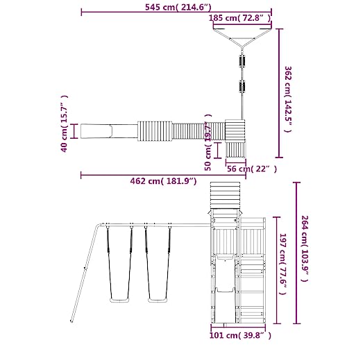 Loibinfen Outdoor Playset Solid Wood Pine,Garden Play Set with 1 Play Towers with Bridge,1 Wave Slide,1 Double Swing Set,Modern Outdoor Backyard Children's Climbing Wood Playground Playset,-4558