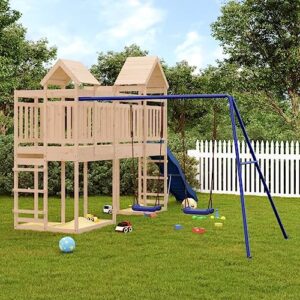 loibinfen outdoor playset solid wood pine,garden play set with 1 play towers with bridge,1 wave slide,1 double swing set,modern outdoor backyard children's climbing wood playground playset,-4558