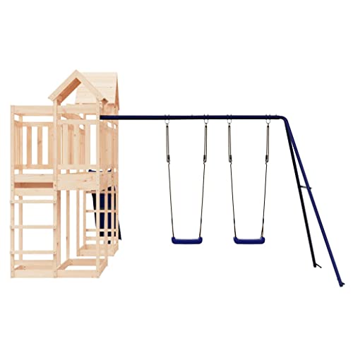 Loibinfen Outdoor Playset Solid Wood Pine,Garden Play Set with 1 Play Towers with Bridge,1 Wave Slide,1 Double Swing Set,Modern Outdoor Backyard Children's Climbing Wood Playground Playset,-4558