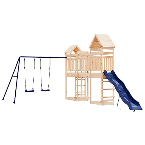 Loibinfen Outdoor Playset Solid Wood Pine,Garden Play Set with 1 Play Towers with Bridge,1 Wave Slide,1 Double Swing Set,Modern Outdoor Backyard Children's Climbing Wood Playground Playset,-4558