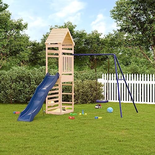 Loibinfen Outdoor Playset Solid Wood Pine, Garden Play Set with 1 Play Tower,1 Wave Slide,1 Single Swing Set, Modern Outdoor Backyard Children's Climbing Wood Playground Playset,-4588