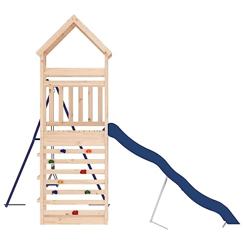 Loibinfen Outdoor Playset Solid Wood Pine, Garden Play Set with 1 Play Tower,1 Wave Slide,1 Single Swing Set, Modern Outdoor Backyard Children's Climbing Wood Playground Playset,-4588