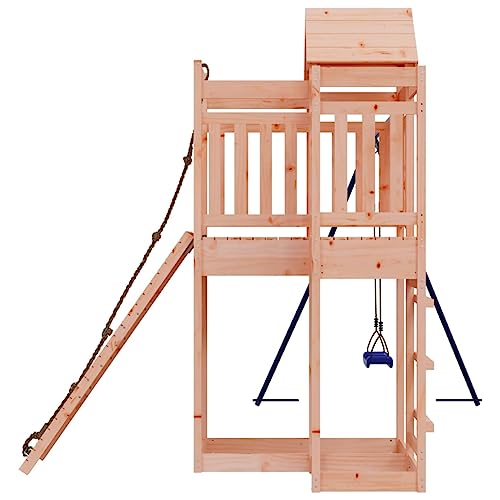 Loibinfen Outdoor Playset Solid Wood Douglas, Garden Play Set with 1 Play Tower, 1 Climbing Wall, 1 Single Swing Set, Modern Outdoor Backyard Children's Climbing Wood Playground Playset,-4544