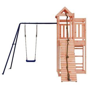 Loibinfen Outdoor Playset Solid Wood Douglas, Garden Play Set with 1 Play Tower, 1 Climbing Wall, 1 Single Swing Set, Modern Outdoor Backyard Children's Climbing Wood Playground Playset,-4544