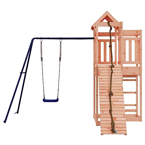 Loibinfen Outdoor Playset Solid Wood Douglas, Garden Play Set with 1 Play Tower, 1 Climbing Wall, 1 Single Swing Set, Modern Outdoor Backyard Children's Climbing Wood Playground Playset,-4544