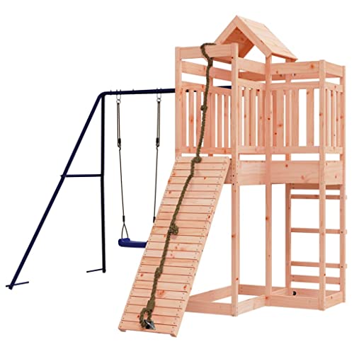 Loibinfen Outdoor Playset Solid Wood Douglas, Garden Play Set with 1 Play Tower, 1 Climbing Wall, 1 Single Swing Set, Modern Outdoor Backyard Children's Climbing Wood Playground Playset,-4544