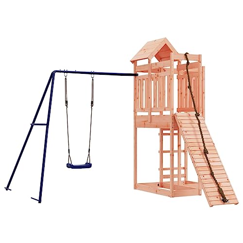 Loibinfen Outdoor Playset Solid Wood Douglas, Garden Play Set with 1 Play Tower, 1 Climbing Wall, 1 Single Swing Set, Modern Outdoor Backyard Children's Climbing Wood Playground Playset,-4544