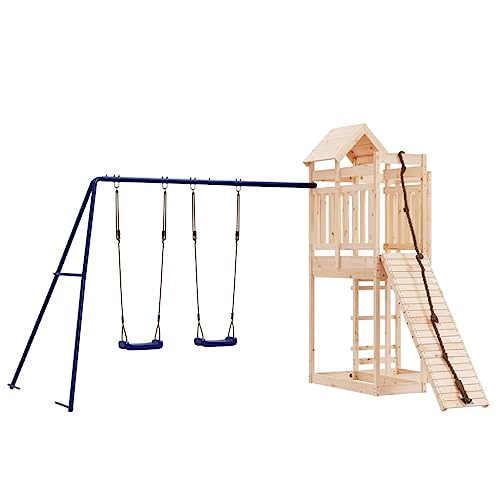 Loibinfen Outdoor Playset Solid Wood Pine, Garden Play Set with 1 Play Tower, 1 Climbing Wall, 1 Double Swing Set, Modern Outdoor Backyard Children's Climbing Wood Playground Playset,-4546