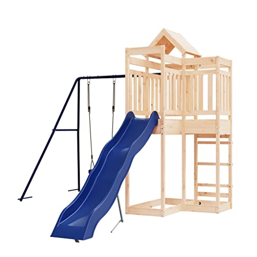GOLINPEILO Outdoor Playset Solid Wood Pine, Garden Play Set with 1 Play Tower, 1 Wave Slide, 1 Single Swing Set, Modern Outdoor Backyard Children's Climbing Playground Playset(Style D)