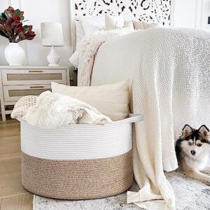 Extra Large Cotton Rope Basket for Living Room,Storage Baskets Bin,Laundry Basket, Woven Storage Basket with Handle for Blankets, Towels and Pillows Laundry Hamper,21" x 21" x 13.8"