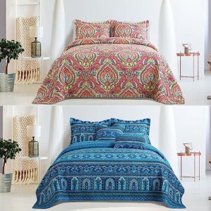 TWINRUN Boho 2 Quilt Sets King Size,Microfiber King Reversible Coverlets+Cotton Lightweight Quilted Bedspread Set