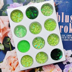 Craft Glitter Sequin, 12 Grids Multiple Shapes Nail Glitter Sequins Hand Made DIY High Flash for Homemade Cards(Green)