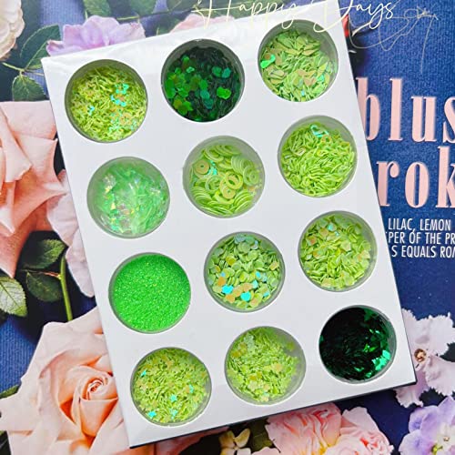 Craft Glitter Sequin, 12 Grids Multiple Shapes Nail Glitter Sequins Hand Made DIY High Flash for Homemade Cards(Green)