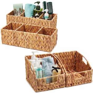ezoware natural water hyacinth storage baskets bundle kit, set of 4 woven wicker organizer bin for organizing bathroom, toilet tank top, vanity countertop, kitchen pantry