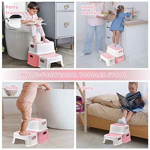 2 Pack Step Stools for Kids, Toddler Step Stool for Bathroom Sink, Toilet Potty Training and Daily Stool Grey+Pink