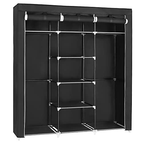 SONGMICS Portable Clothes Closet, Non-Woven Fabric Wardrobe with 2 Hanging Rods, 9 Shelves, Storage Organizer, Black URYG12H