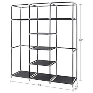 SONGMICS Portable Clothes Closet, Non-Woven Fabric Wardrobe with 2 Hanging Rods, 9 Shelves, Storage Organizer, Black URYG12H