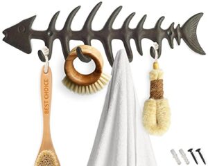 comfify decorative fish bones wall mounted towel rack stylish cast iron hanger with 4 “fish bones” hooks for towels, robes and more - includes screws and anchors - in brown