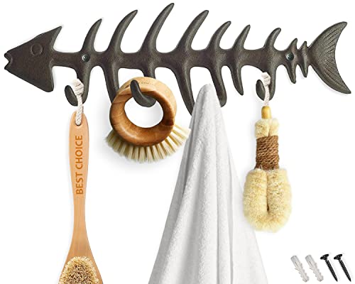 Comfify Decorative Fish Bones Wall Mounted Towel Rack Stylish Cast Iron Hanger with 4 “Fish Bones” Hooks for Towels, Robes and More - Includes Screws and Anchors - in Brown