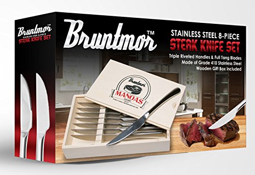 Bruntmor, ALBA Gourmet Stainless Steel 8-piece Steak Knife set with Full Tang Blades, Wooden Gift Box