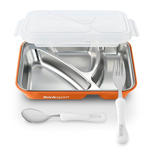 Thinksport GO2 Travel Lunch Container with Airtight Lid and Fork & Spoon| BPA-Free, Stainless Steel Removable Interior, Each Compartment Seals, No Food Migration - Orange, GO2ORANGE