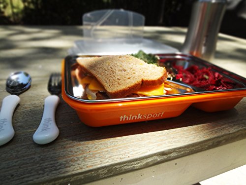 Thinksport GO2 Travel Lunch Container with Airtight Lid and Fork & Spoon| BPA-Free, Stainless Steel Removable Interior, Each Compartment Seals, No Food Migration - Orange, GO2ORANGE